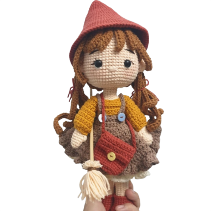 Handmade Crochet Doll – Autumn Girl with Red Hat, Overalls, Mini Bag & Broom | Amigurumi Toy (25-30 cm)