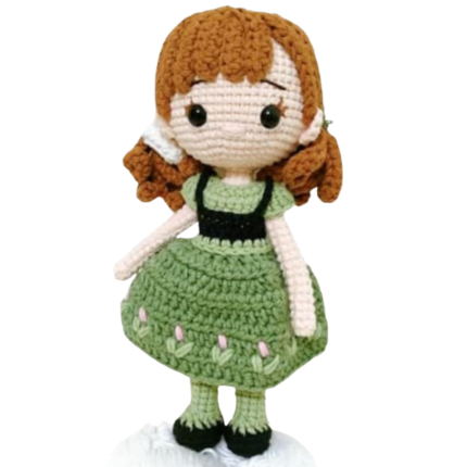 Handmade Crochet Doll – Curly Brown Hair Girl in Green Floral Dress with Bow | Amigurumi Toy (25-30 cm)