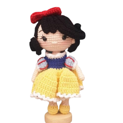 Handmade Crochet Doll – Black Hair Princess with Red Bow, Blue & Yellow Dress | Amigurumi Toy (25-30 cm)