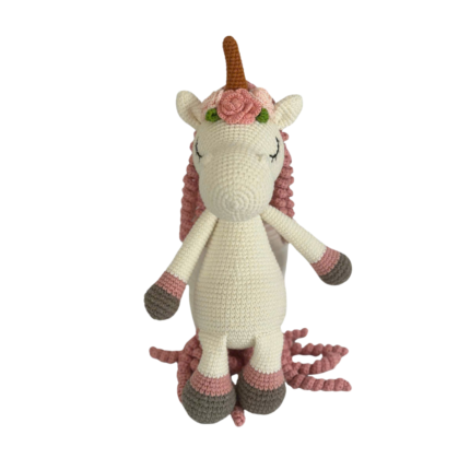 Handmade Crochet Unicorn Doll with Flower Crown – Pink Curly Mane & Tail Plush Toy (25-30 cm)