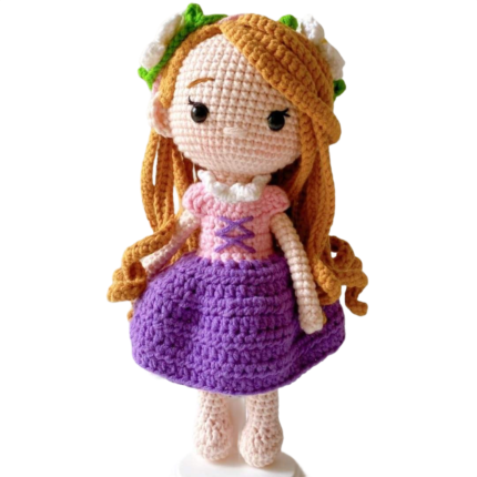 Handmade Crochet Doll – Golden Hair Princess with Flower Crown, Pink & Purple Dress | Amigurumi Toy (25-30 cm)
