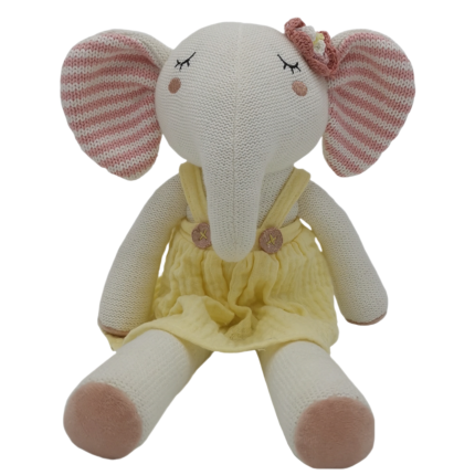 Knitted Elephant Plush Doll – Girl Elephant in Yellow Dress with Flower Accent | Soft Cotton Knit Toy (Boy & Girl Set Available)