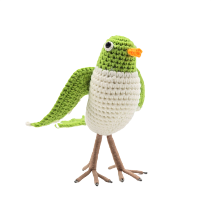 Handmade Crochet Bird Figure – Green & White Sparrow Toy with Wire Legs & Feet