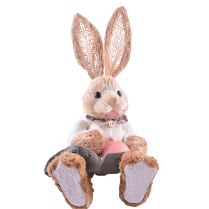Straw Bunny Rabbit Figure – Decorative Easter Rabbit with Fabric Outfit & Garden Tool Accessory