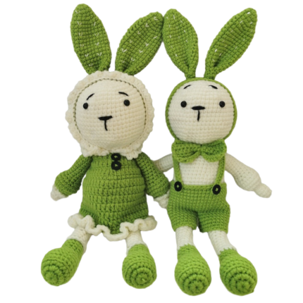 Handmade Crochet Bunny Doll Pair – Boy & Girl Rabbit with Bonnet & Bow Tie | Available in Multiple Colors (25-30 cm)