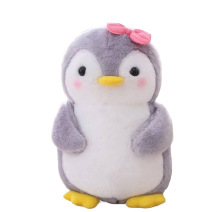 Cute Penguin Plush Toy with Pink Bow – Soft Stuffed Animal | Grey & White with Rosy Cheeks